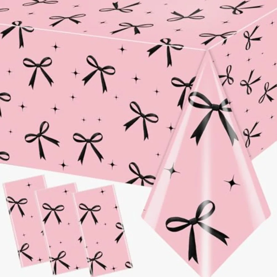 Nappe à nœud rose, 3 pièces, décor de Table à nœud noir, Coquette, décorations d'anniversaire, fournitures de fête imperméables jetables noires pour filles