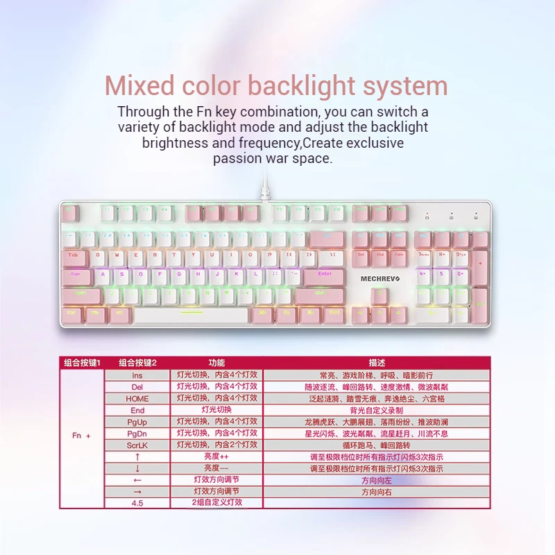 New Mechrevo K330 Wired Mechanical Keyboard Metal Panel 104 Key Mixed Color Backlight Color Cyan Switch Pink Gaming Keyboard