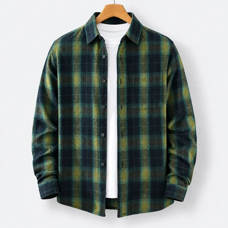 Mens Cotton Plaid Long Sleeve Shirt Turn Down Collar Button Front Relaxed Fit Plaid Design Casual Office Everyday Layering Top