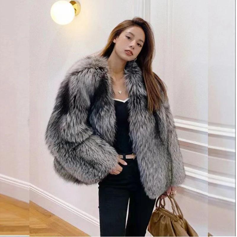 

Осенне-зимнее утепленное пальто из искусственного меха с серебряным отливом, женское повседневное теплое приталенное длинное кожаное пальто в корейском стиле