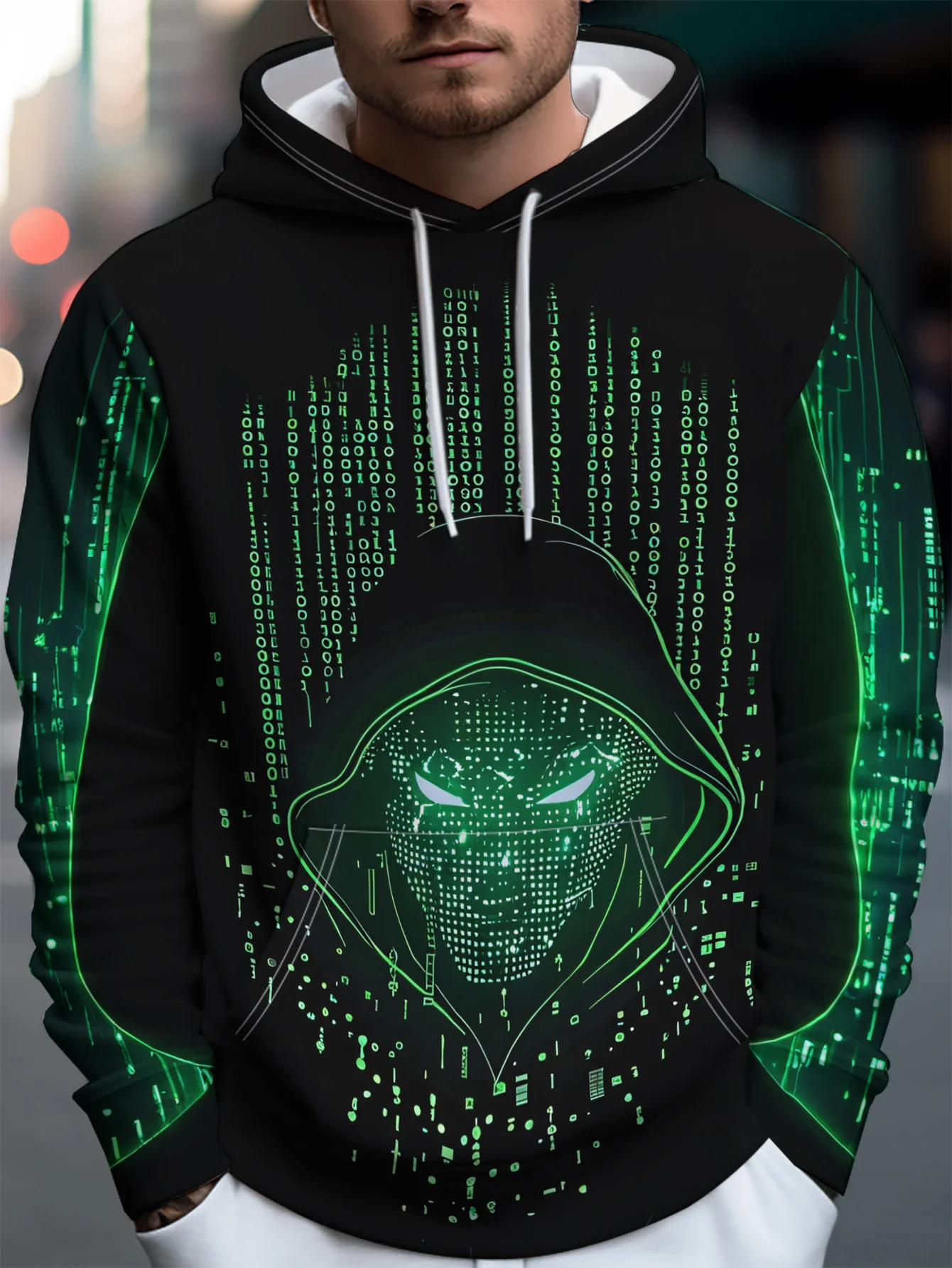Men Black Drawstring Hoodie Front Pocket Green Digital Code Hacker Silhouette Tech Graphic 3D All Over Print Sweatshirt
