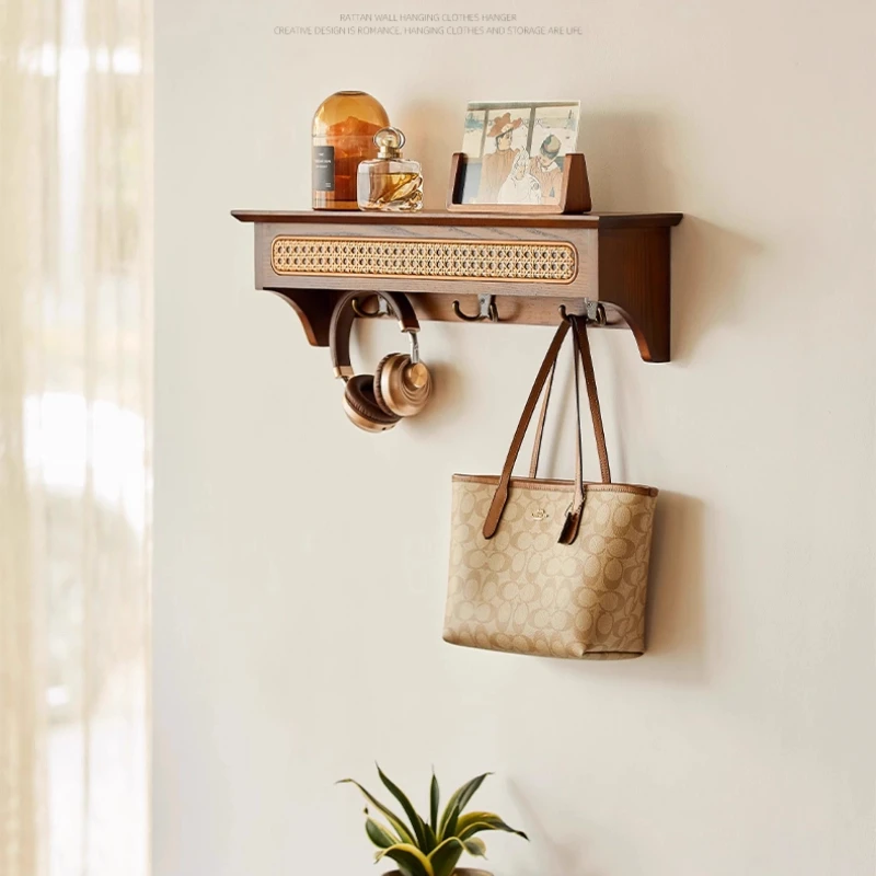 Wall Mounted Coat Rack Rattan Entryway Shelf with Hook Modern Hanging Organizer for Jackets and Hats Space-Saving Storage Hanger