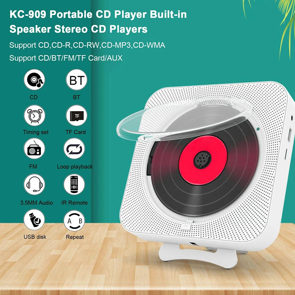 Portable CD Player Bluetooth Speaker Stereo CD Players LED Screen Wall Mountable CD Music Player with IR Remote Control FM Radio