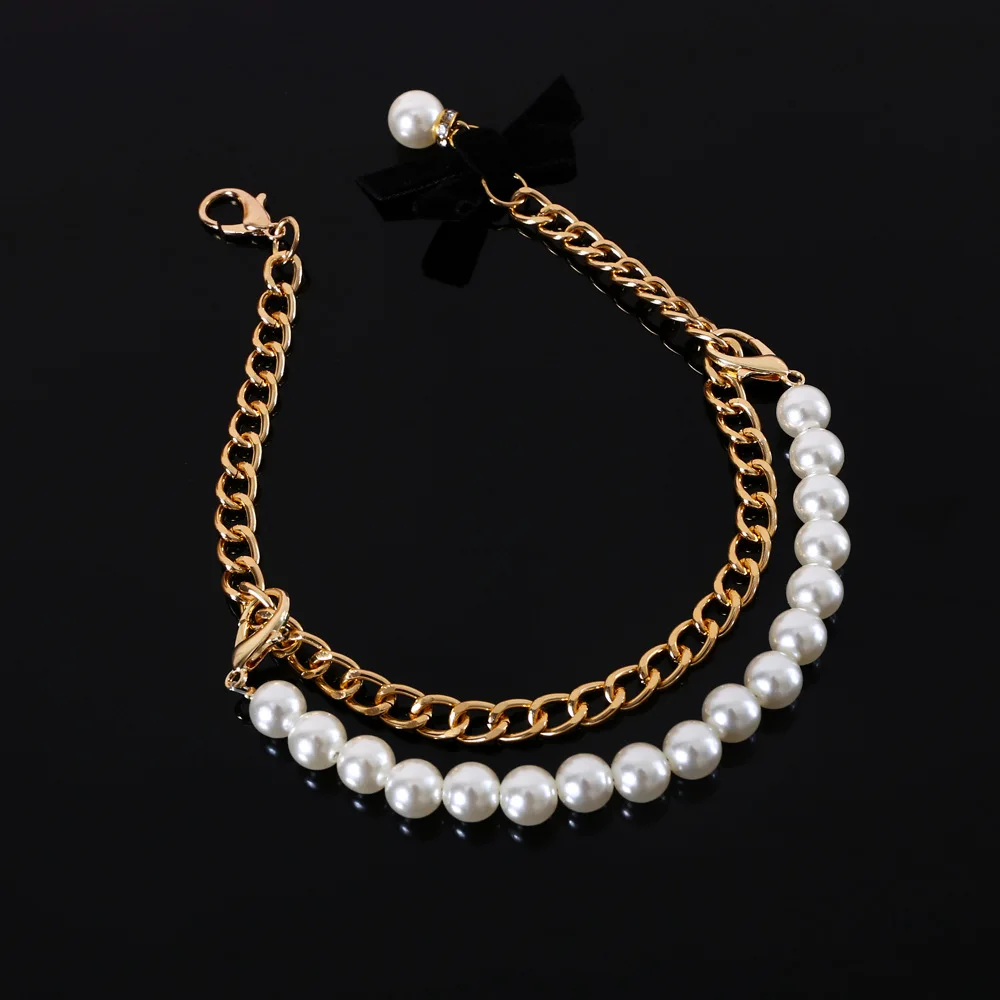 Luxury Pearl Puppy Cat Necklace Collar Jewelry Pet Accessories Adjustable Chain Collar with Ribbon Pearl Pendant for Cats