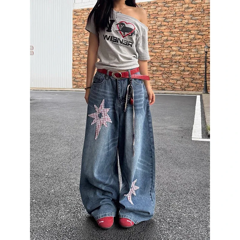 

Summer Women Blue Y2k Baggy Appliques Jeans Harajuku Aesthetic Japanese 2000s Denim Trousers Vintage Jean Pants Trashy Clothes
