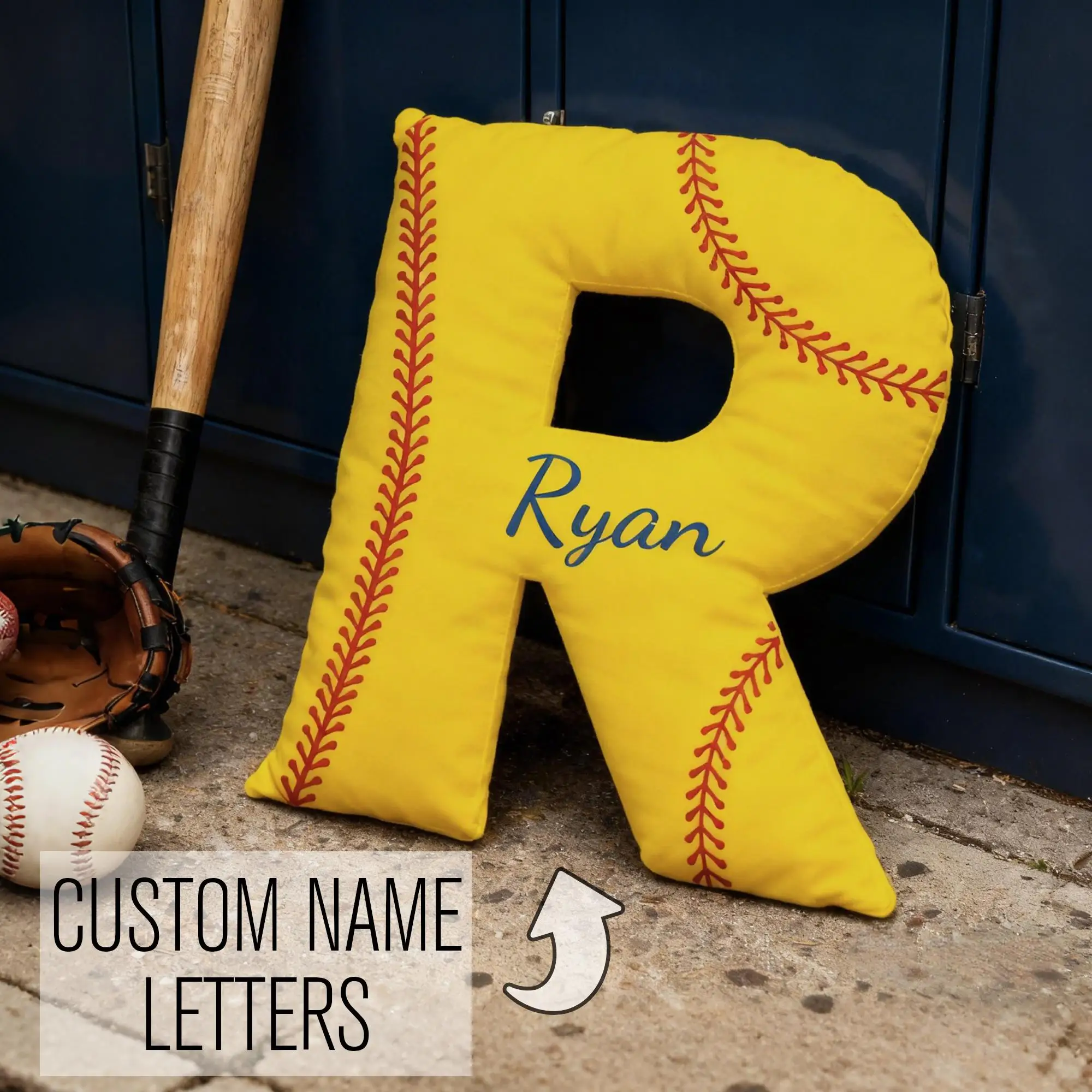 Personalized Baseball Letter Pillow Custom Name Text Number Yellow Initial Soft Polyester Cushion for Fans Gift Decor 10-50cm