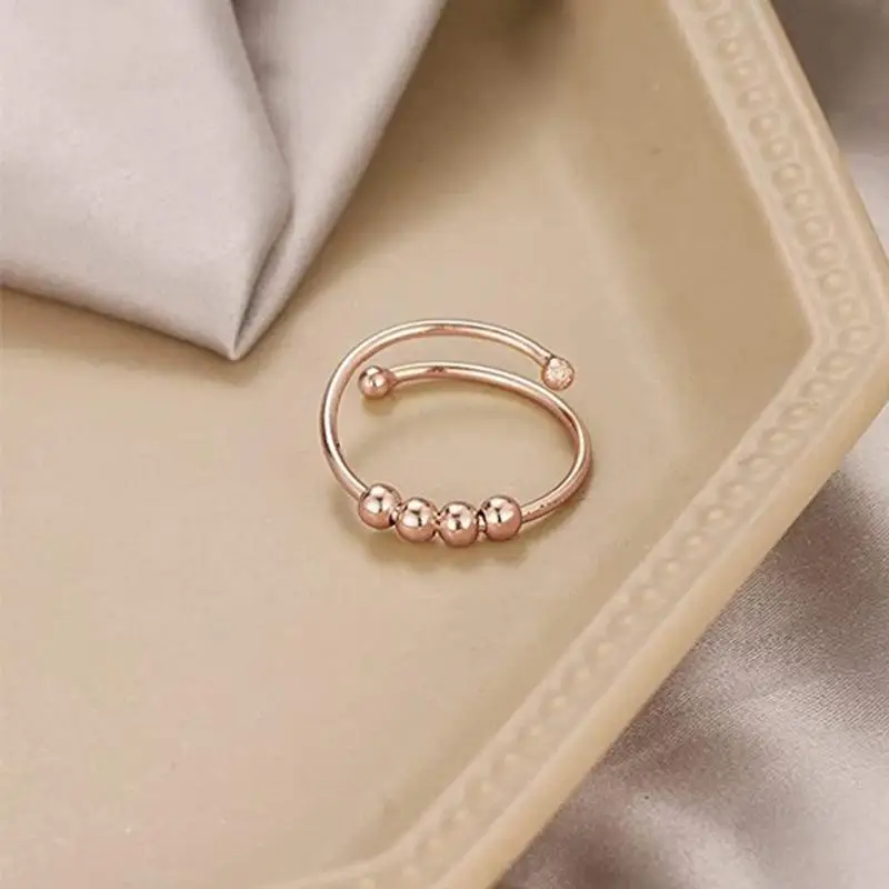 For Women Open Spinner Adjustable Finger Ring Anxiety Balls Beads Rings Stainless Steel Rotating Freely Anti Stress Jewelry Gift