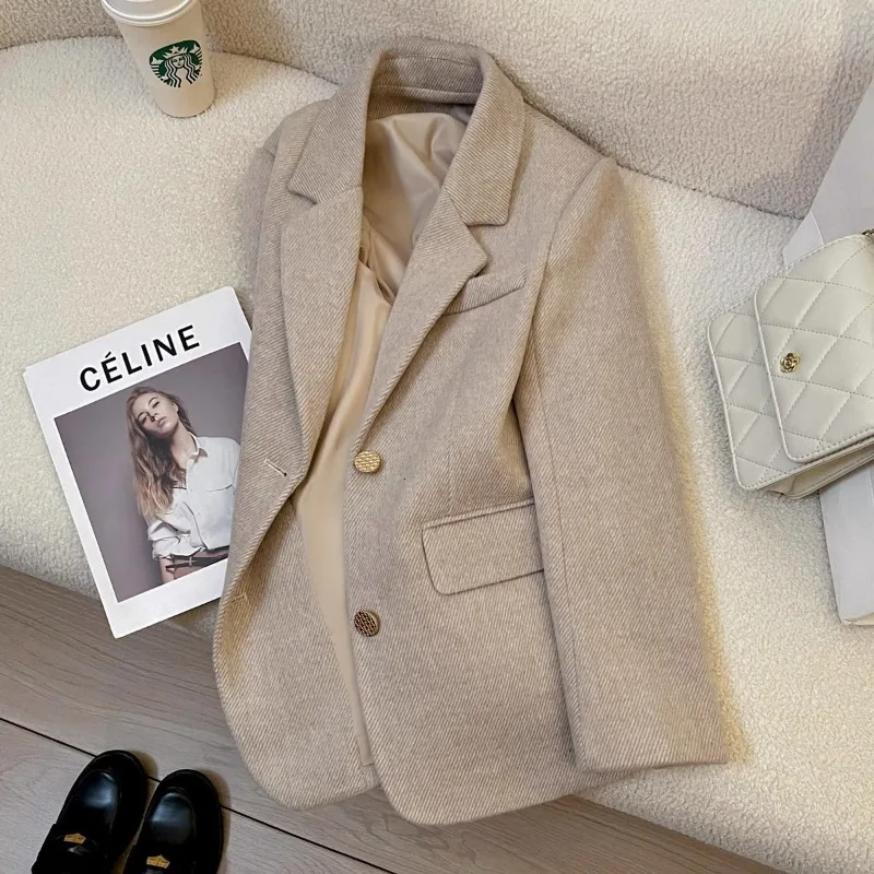 New Autumn Winter High-Quality Woolen Suit Jacket Women Long Sleeve All-match Blazer Coat Female Office Ladies Suit Outwear Tops