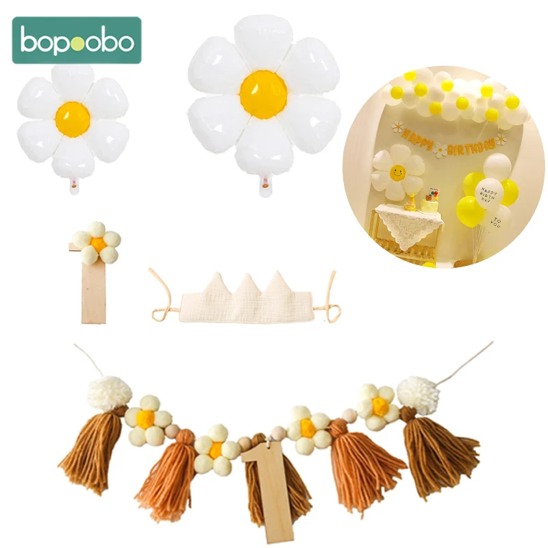 

White Daisy Flower Foil Balloon Banner Set Birthday Banner Handmade Tassel Pendant Baby Birthday Party Flower Balloon Decoration