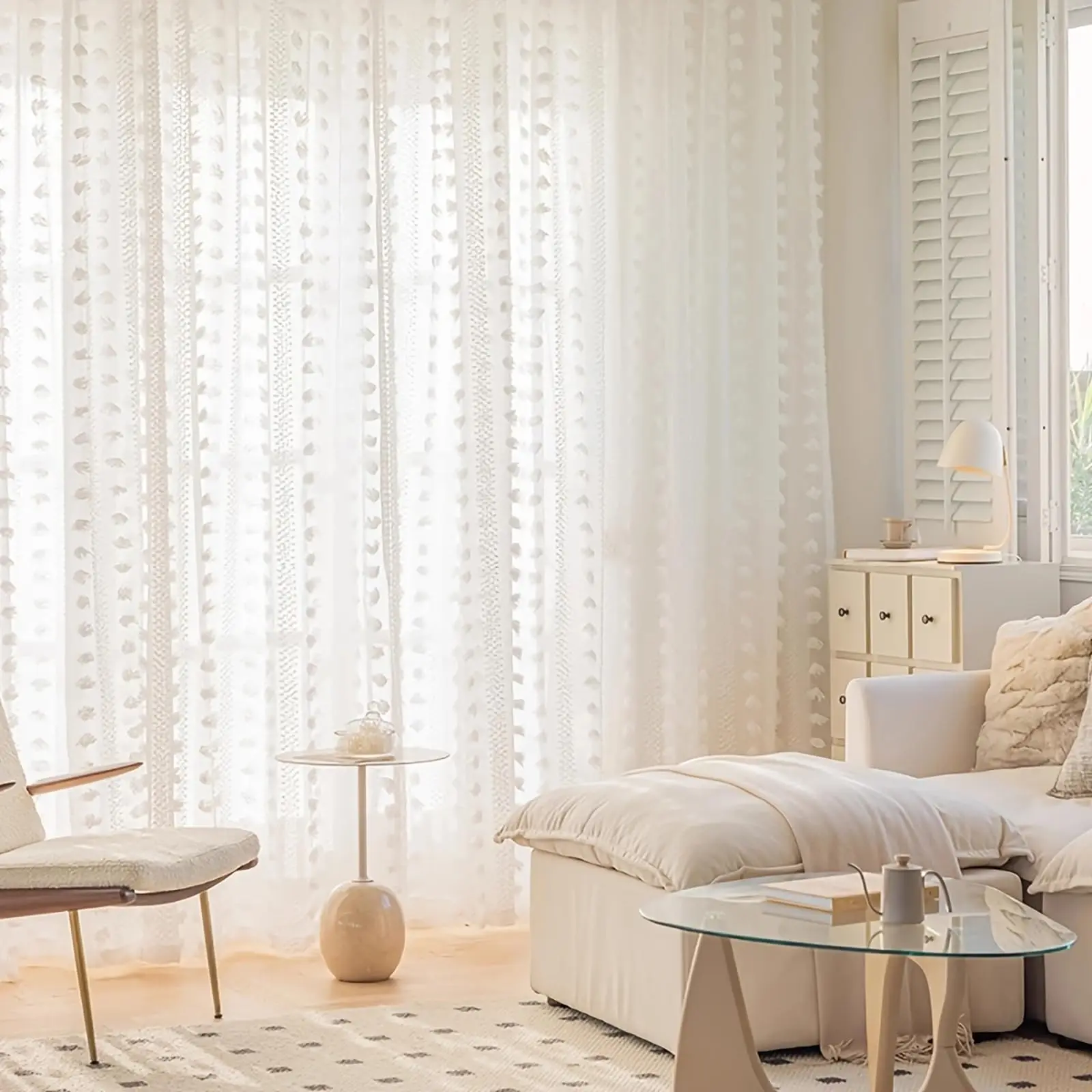 Pom Pom White Sheer Curtains for Bedroom, Boho Lightweight Nursery Tufted Curtains,Cute Light Rod Pocket