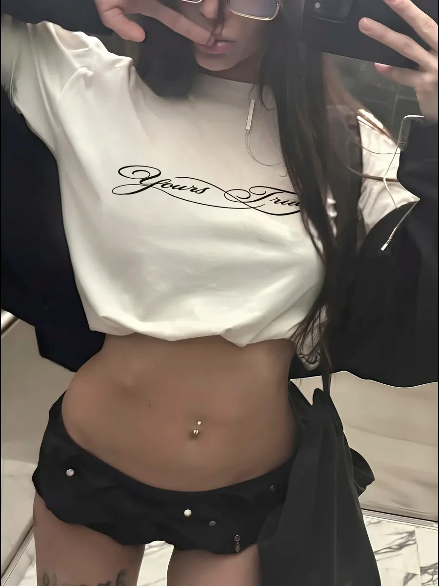Yours Truly Letter Print Women T Shirt Summer Short Sleeve White Graphic Tee O-Neck Casual Basic Top Streetwear Clothes