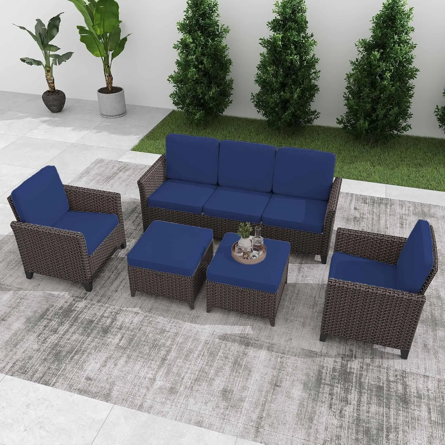 

5 Piece PE Wicker Patio Sofa Set 75" Couch 2 Chairs 2 All-Weather Cushions Deck Garden Porch, Customized