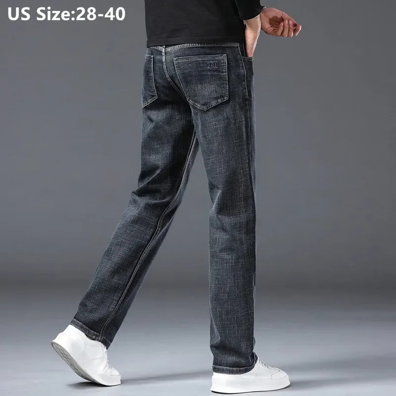 Men Slim Jeans Stretched Long Pants Regular Fit Denim Pants Cowboy Thick Plus Size 38 40 High Waist Black Gray Male Trousers