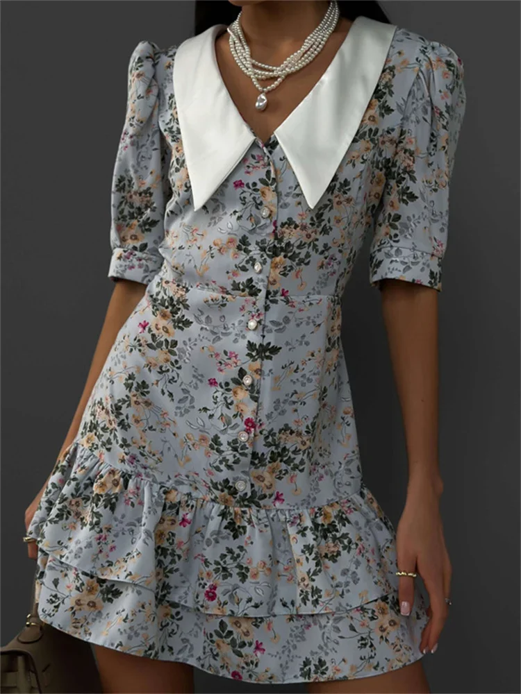 Tossy Printed Ruffled V-Neck Mini Dress Female Short Sleeve Fashion Slim High Waist Elegant Party Dress Women's Summer Dress New