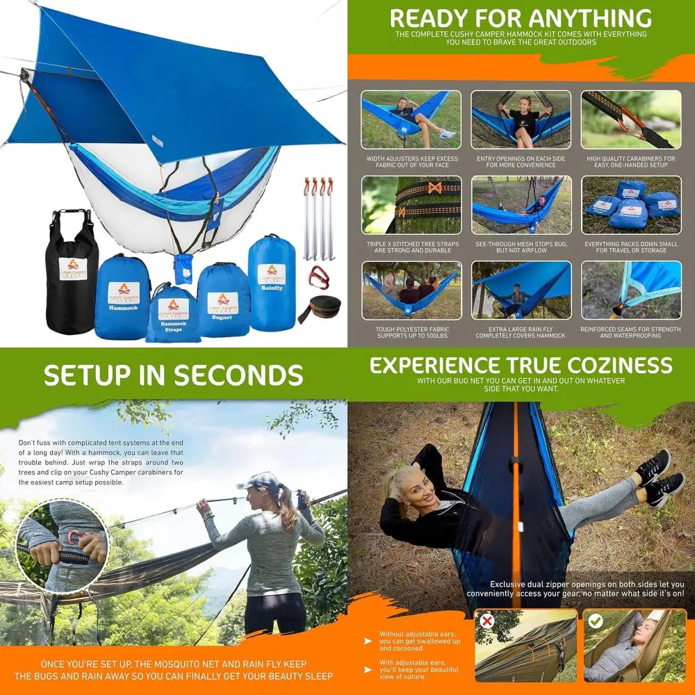 

Complete Camping Hammock System with Rainfly, Bug Net, Tree Straps, and Dry Bag - Outdoor Backpacking Kit