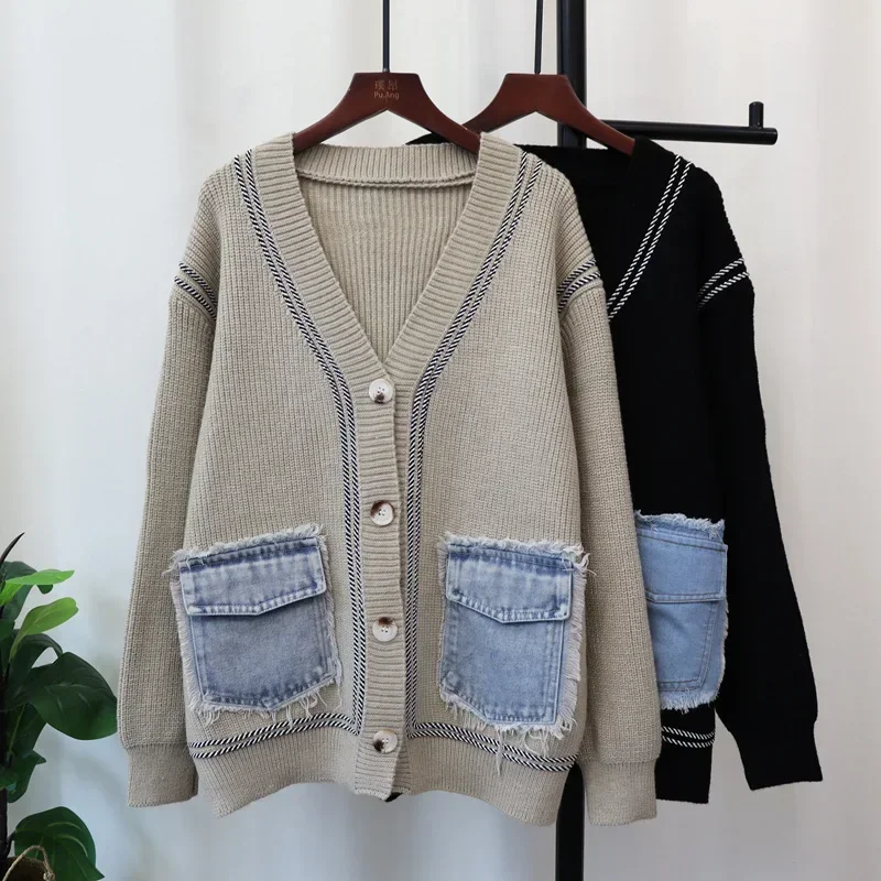 

2024 Women Sweater Denim Patchwork Cardigan Kintted Loose Spring Autumn Vintage Winter Streetwear Y2k Jumper Coat Cardigans