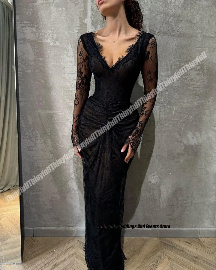 Thinyfull Mermaid Lace Evening Party Dress V-Neck Full Sleeves Black Prom Dresses Long Formal Occasion Gowns Customized image 3