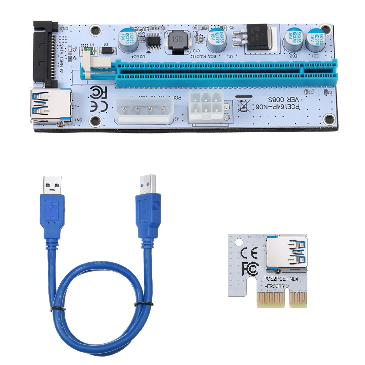 Powered GPU Riser 008S Blue White PCI-E X1 to X16 Adapter Kit with 3 Power Inputs and USB 3.0 Cable for Mining Rigs