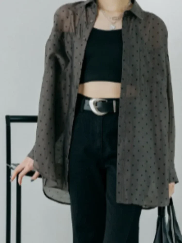 

Женская шикарная повседневная прозрачная рубашка в горошек оверсайз с длинным рукавом, модная рубашка на пуговицах, весна 2026, для офиса и улицы