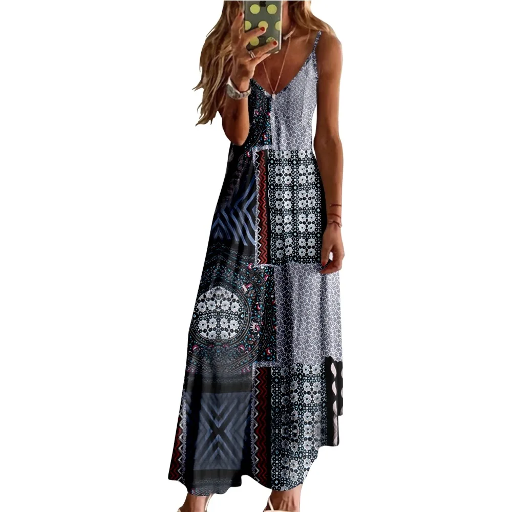 

Spring Summer Fashion Women V-Neck Vintage Bohemia Printed Sexy Beach Long Maxi Dress Split Sleeveless Clothing Holiday Vestido