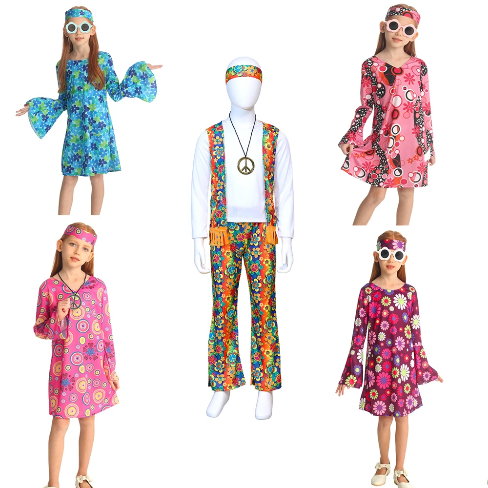 Kinder-Halloween-Party Hippie-Stil Cosplay-Kostüme Disco 70er Jahre Ball Rock Performance Kleid