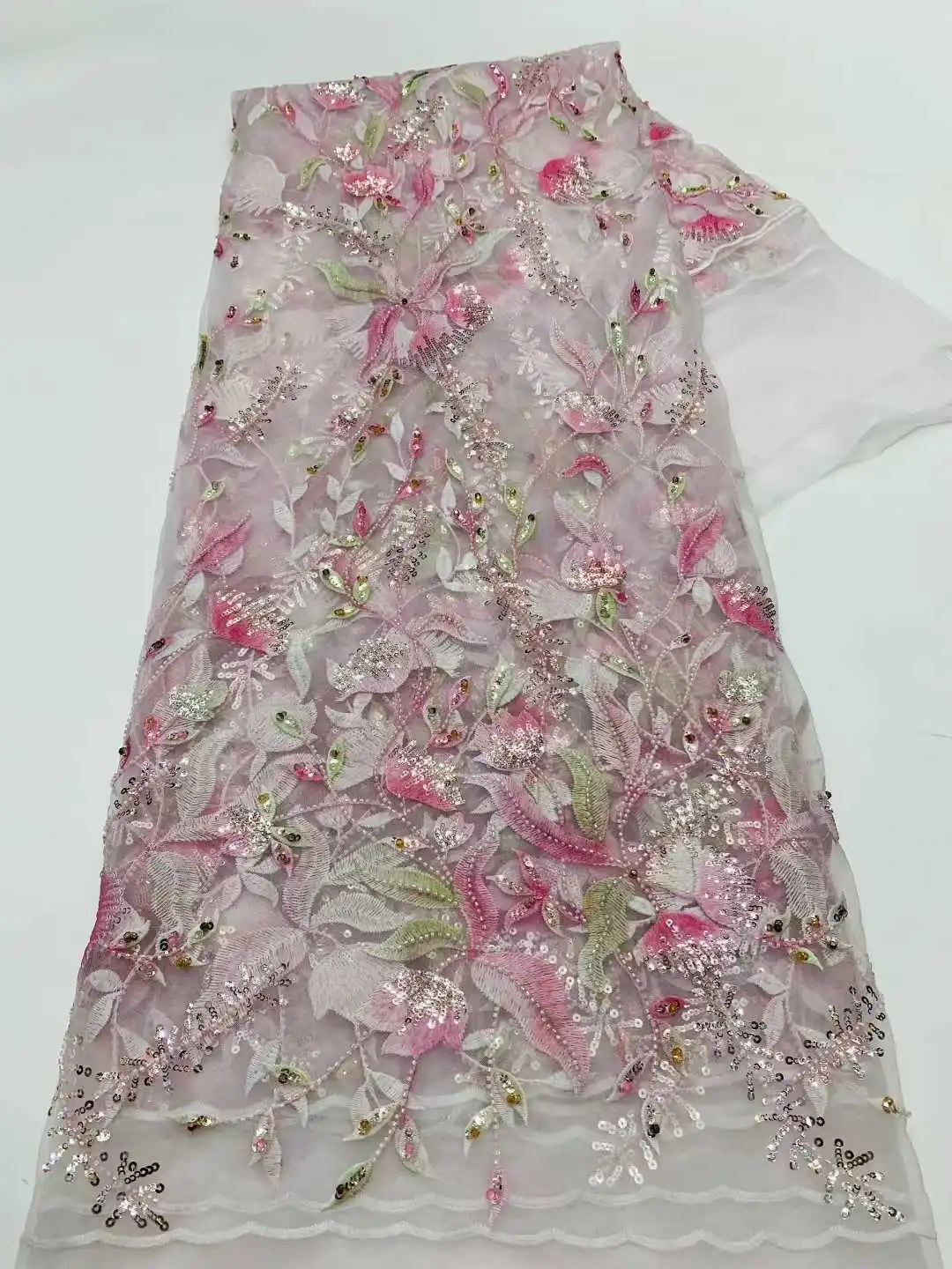 

High Quality With Sequins Embroidered French Nigerian Beads Lace Fabric For Wedding