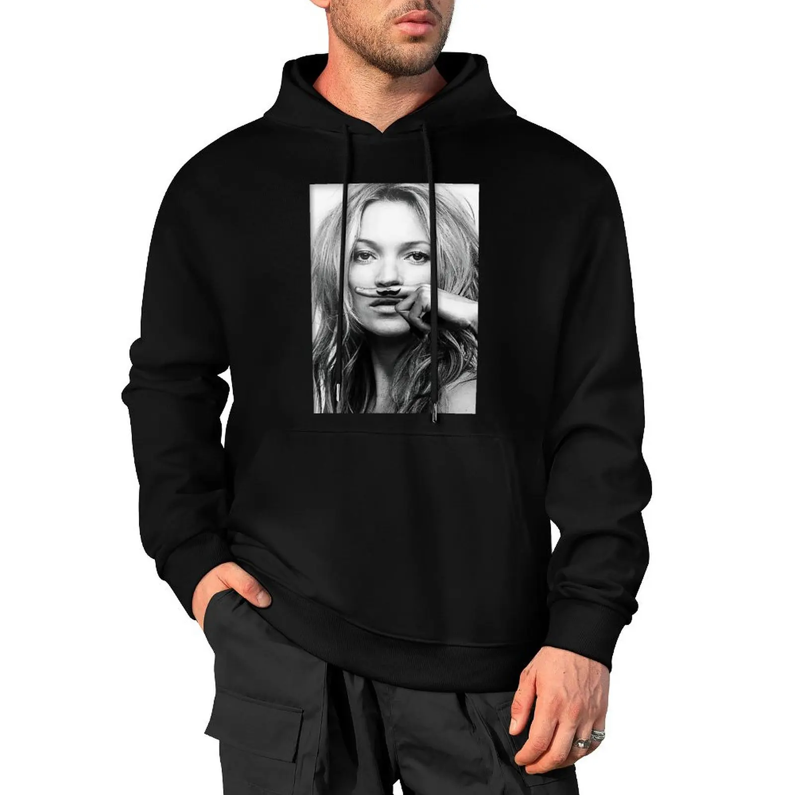 

Kate Moss, Mustache, Black and White Photograph Pullover Hoodie japanese style streetwear men new in hoodies and blouses