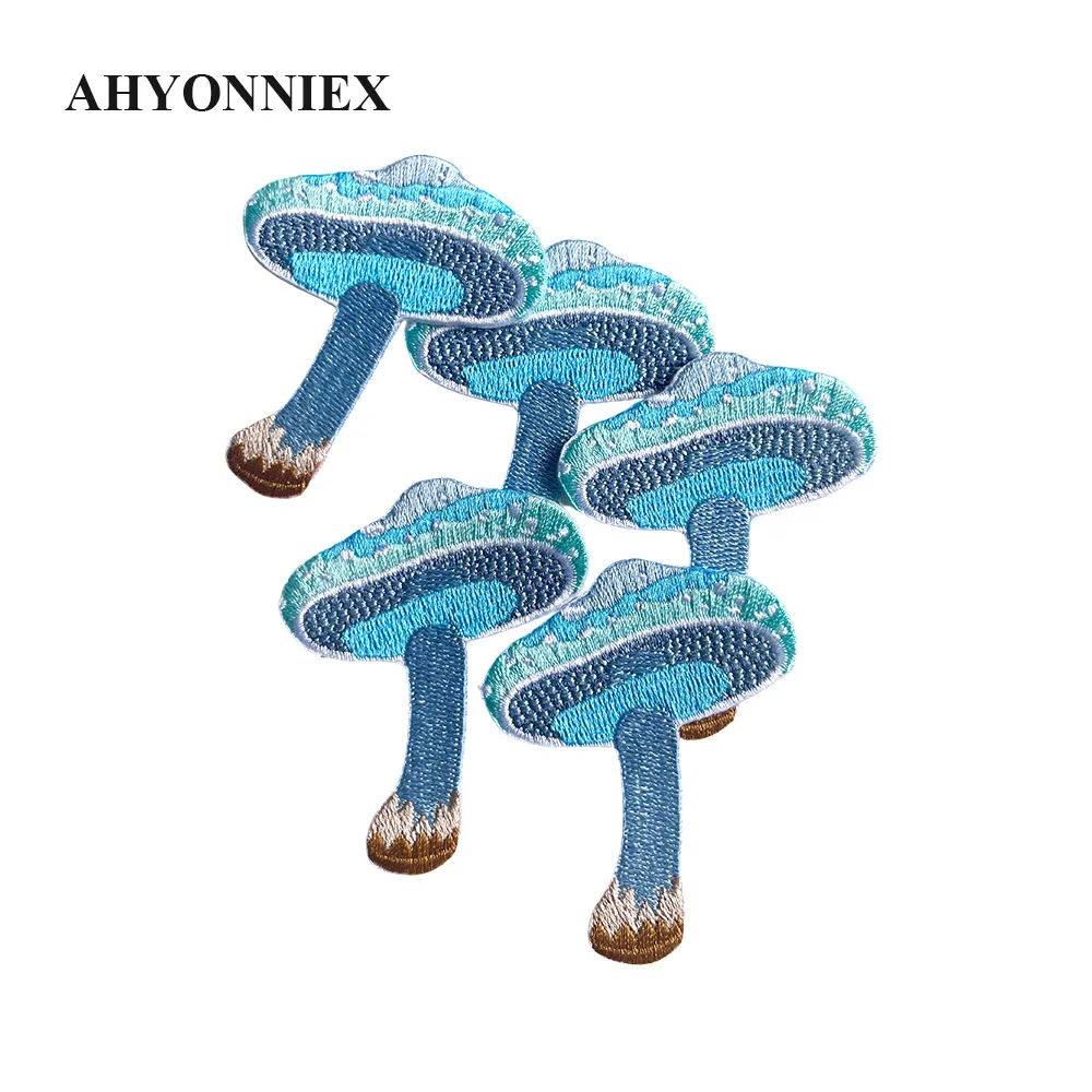 Delicate Blue Mushroom Patches Embroidered Sticker Iron On Patches for Clothes Applique DIY Clothing Accessories