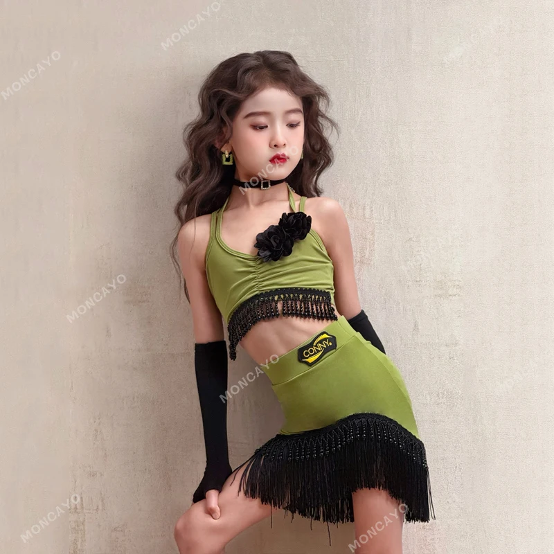 Tassel Rumba Samba Tango Salsa Latin Dance Dress Girls Ballroom Dance Dresses Child Fringe Dance Skirt Kids Latin Practice Dress