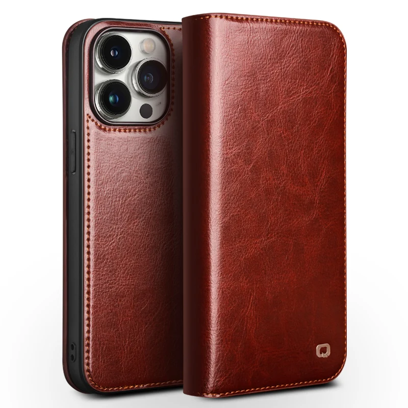 

iPhone 14 15 Pro Max Plus iPhone15 Real Genuine Leather Flip Cover Phone Case Card Pocket Retro Business Qialino Brand.