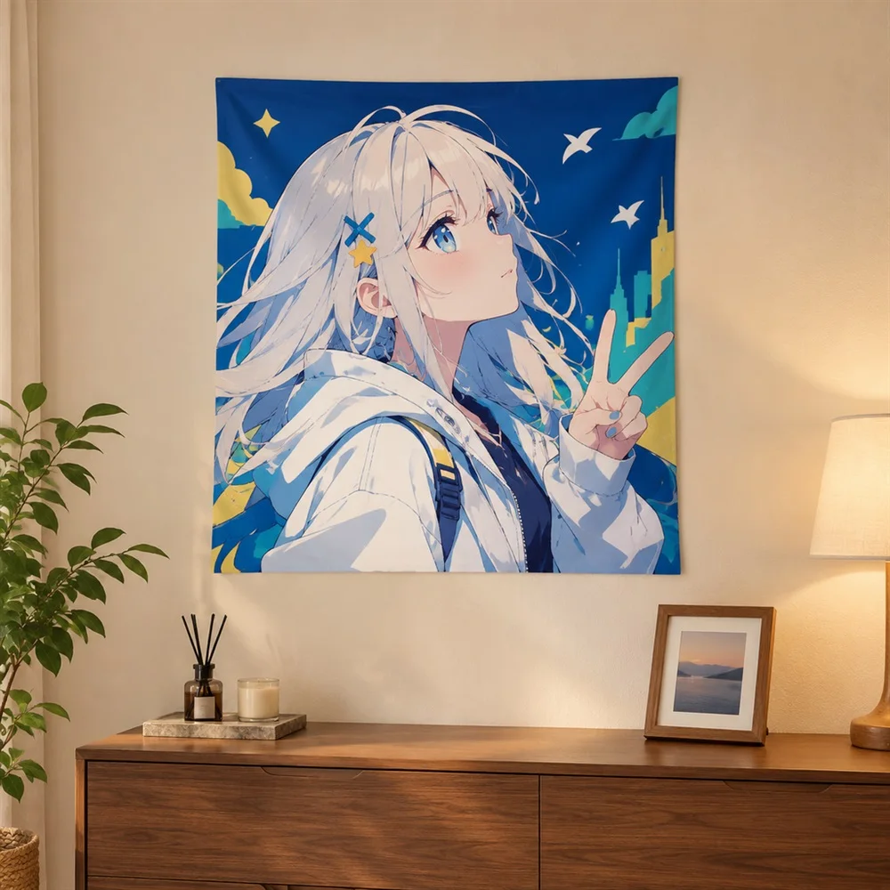 VIKAMA White Hair Anime Hand Gesture Tapestry Wall Hanging, Anime Wall Art Tapestries for Bedroom Living Room Home Office