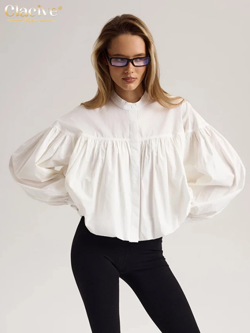 

Clacive Casual Loose White Cotton Women's Shirt 2025 Fashion O-Neck Long Sleeve Blouse Elegant Classic Solid Top Female Clothing