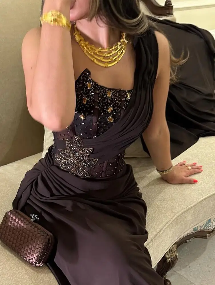 Jirocum Luxury Chocolate Brown Beaded Evening Dresses One-Shoulder Draped Corset Gown for Gala Prom Dresses 2026 Wedding Dresses