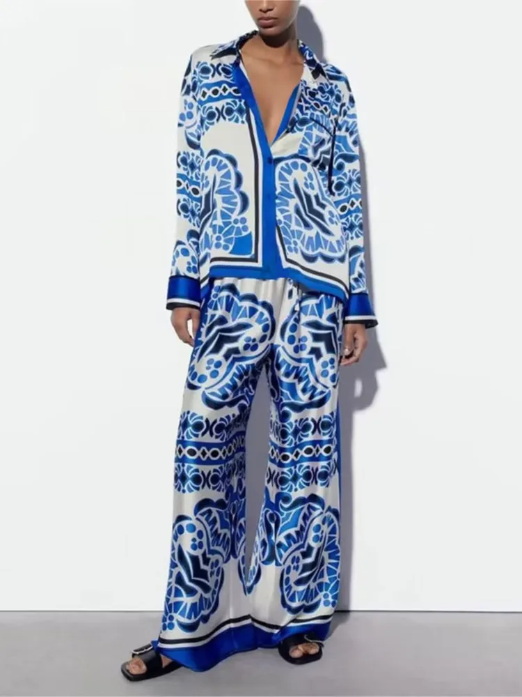 

New Summer Women's Printed Color-blocking Elastic Waist Pocket Women's Suit Fashionable Casual Loose Pants Two-piece Set Females