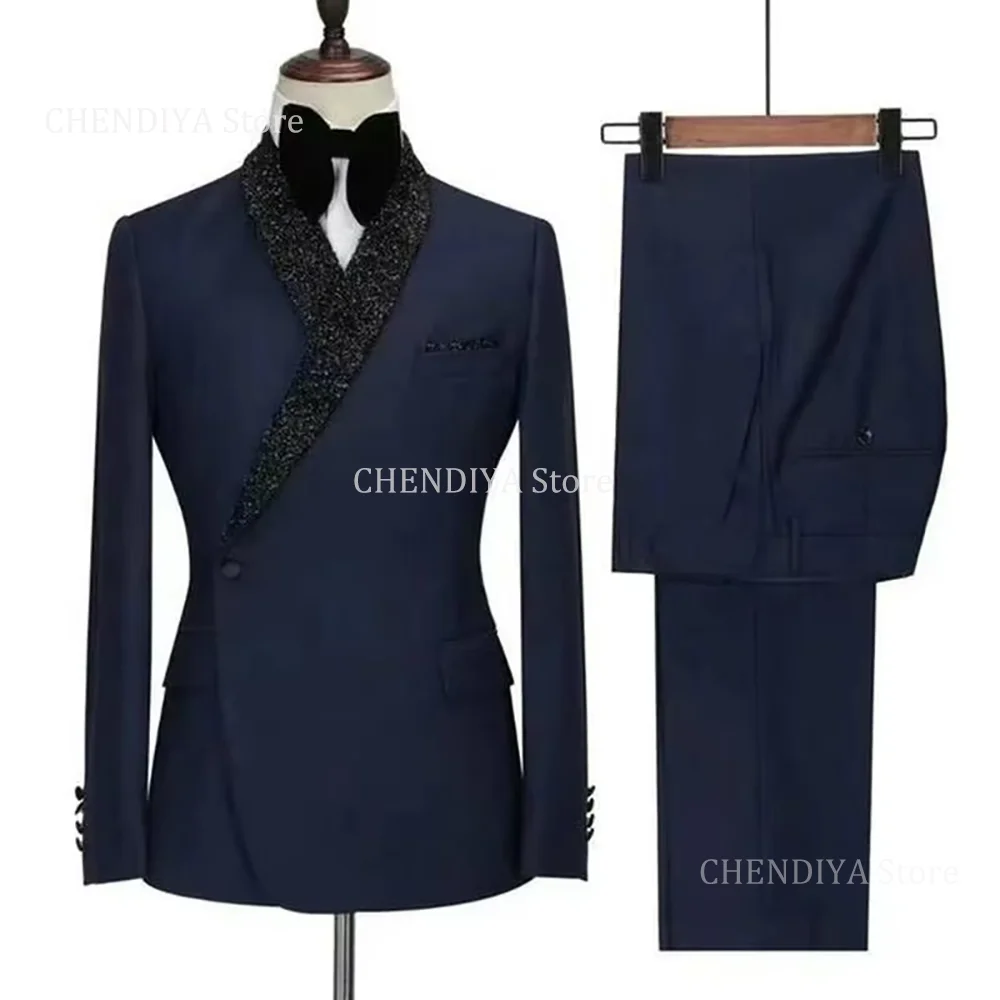 

Fashion Elegant Men's Suits Chic Single Button Shawl Lapel Slim 2 Pieces Wedding Groom Formal Party Handsome Outfit Jacket Pants
