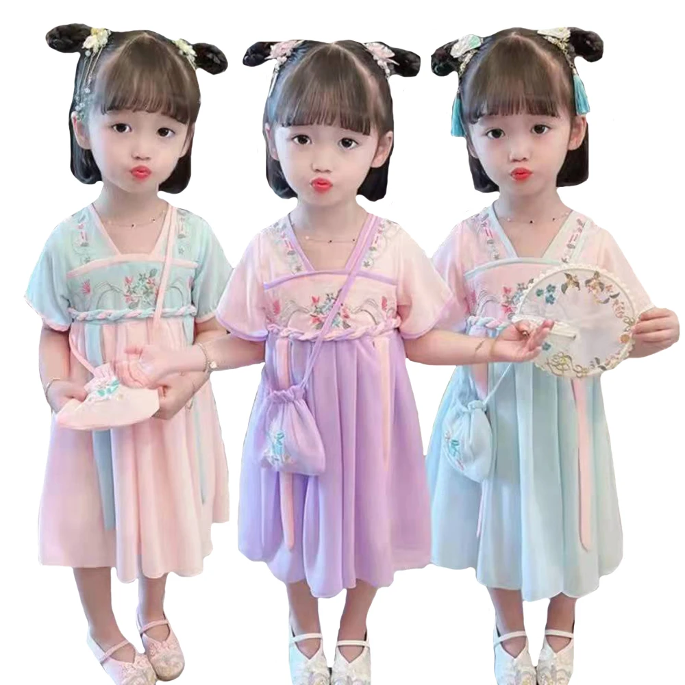 2024 neue Kinder kleidung alten Stil Sommer Chiffon Kleid Fee Mädchen Hanfu Mädchen alten Kostüm chinesischen Stil Tanz kleid