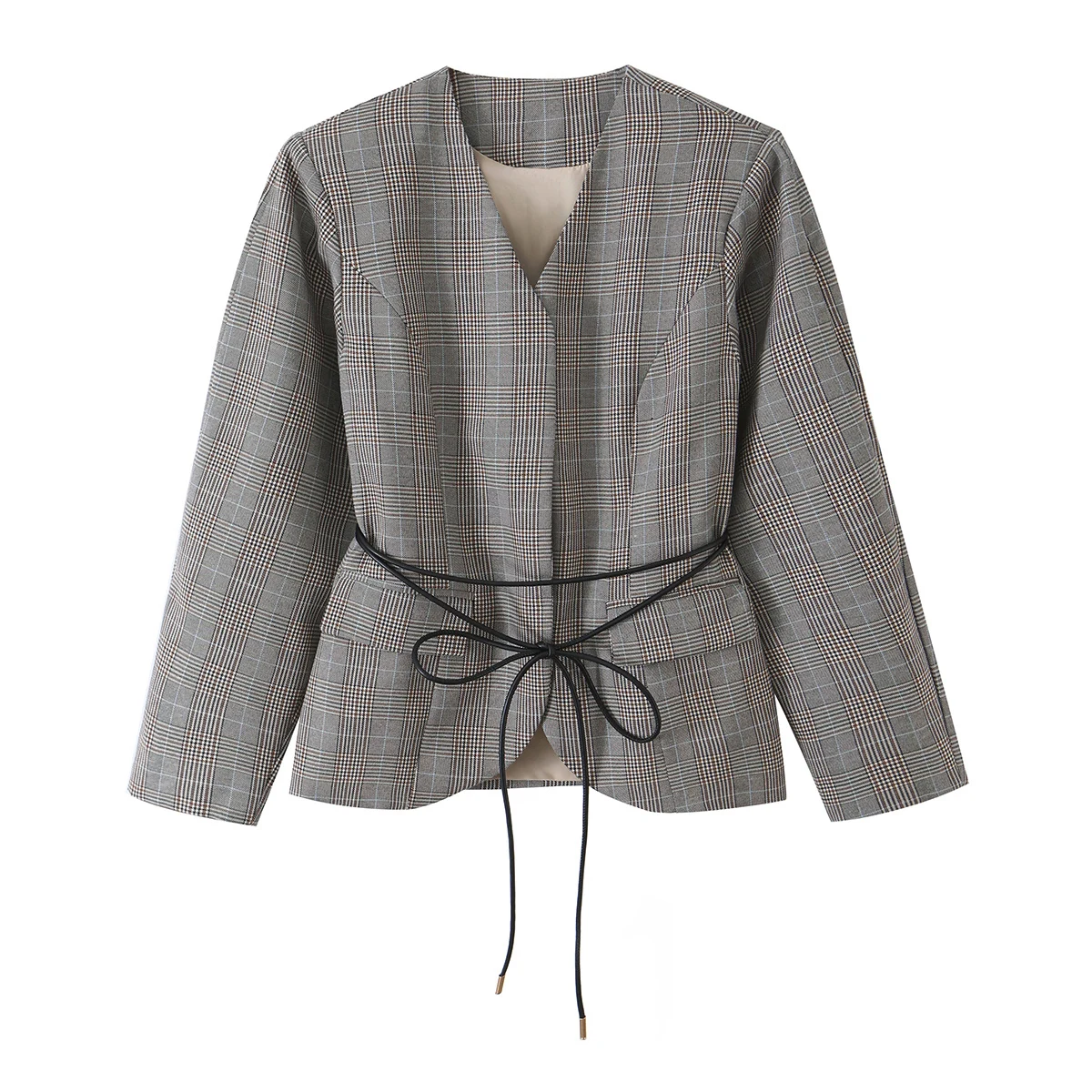 DUOPERI Women Grey Brown Plaid Drawstring Blazer Long Sleeve Collarless V Neck Top Female Chic Lady Casual Short Jacket