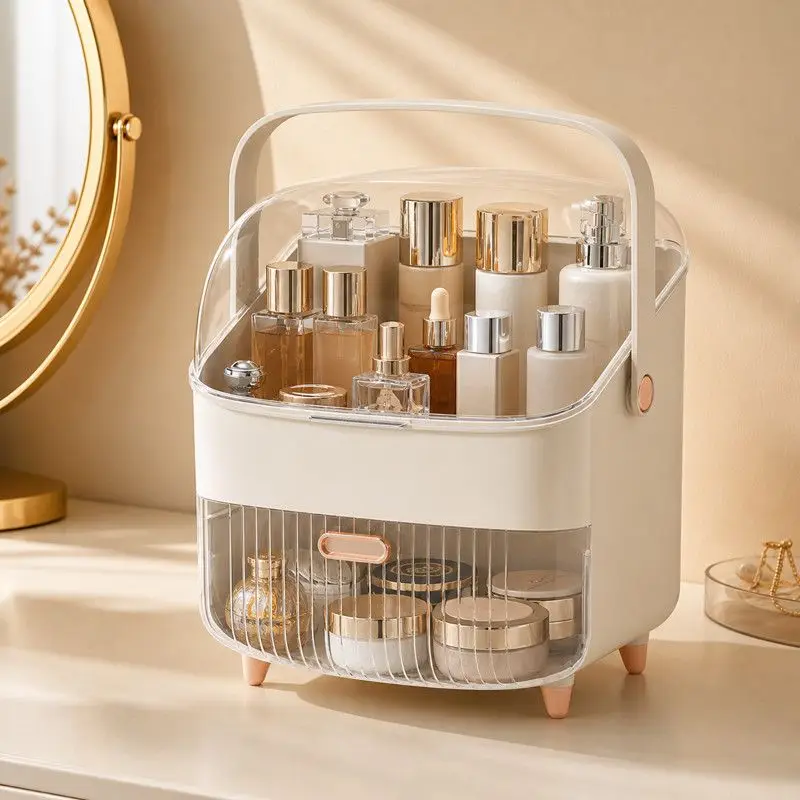 Portable Makeup Organizer with Handle Dustproof Cosmetic Storage Box with Drawer Clear Lid Vanity Holder for Skincare Perfume