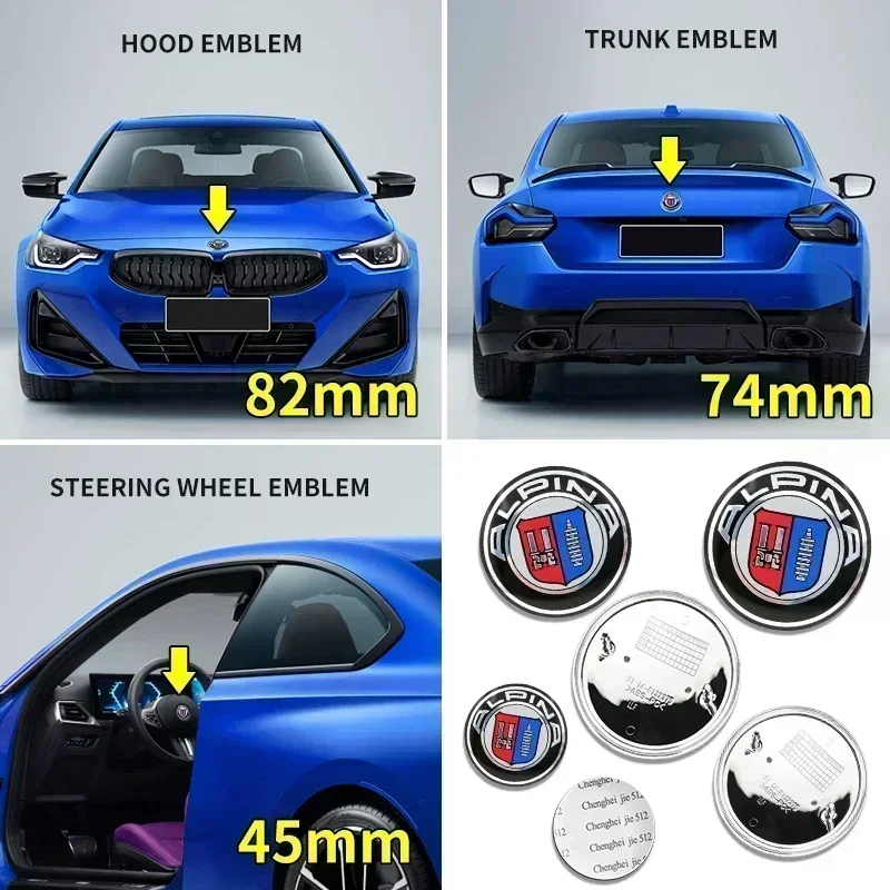 1pcs 45mm 74mm 82mm Car Front Hood Bonnet Rear Trunk Emblem Badge Steering wheel logo Stickers For ALPINA Styling Accessories