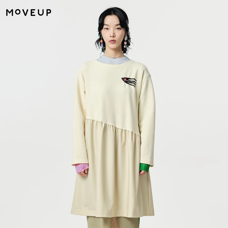 

MOVEUP Long Sleeve Round Neck Dress 2026 Spring New Irregular Splicing Fun embroidered design Knitted A-line Dress 124110552