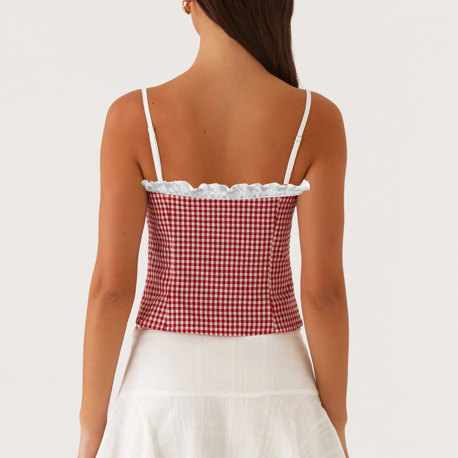 Camisola frontal con lazo para vacaciones para mujer, camisola ajustada sin mangas con cuello cuadrado y estampado a cuadros, camisetas sin mangas de verano