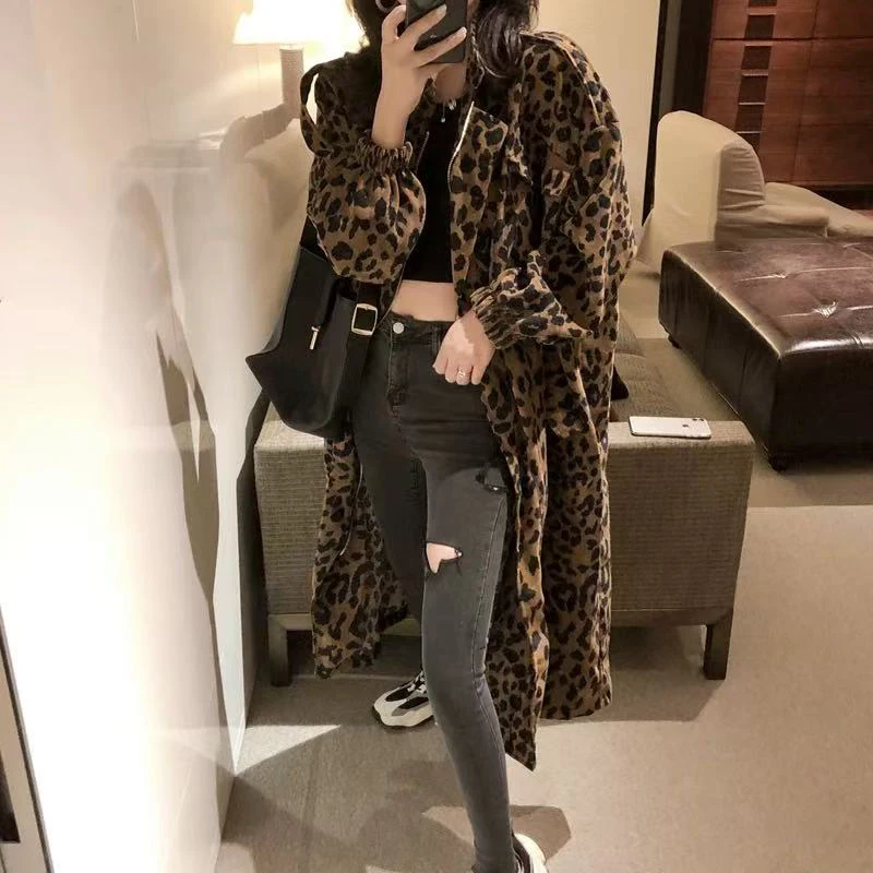 Vintage Leopard Print Women Midi Jacket Autumn Loose Streetwear Cargo Coats Y2K Korean Chic Long Sleeve Corduroy Zipper Outwear