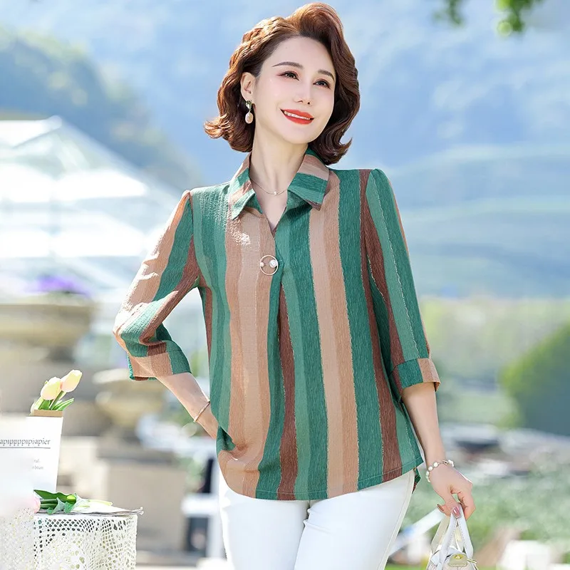 Elegant Women Spring Summer Chiffon Blouses Shirts Lady Casual Lapel Collar Half Sleeve Striped Blusas Middle Age Mother Tops