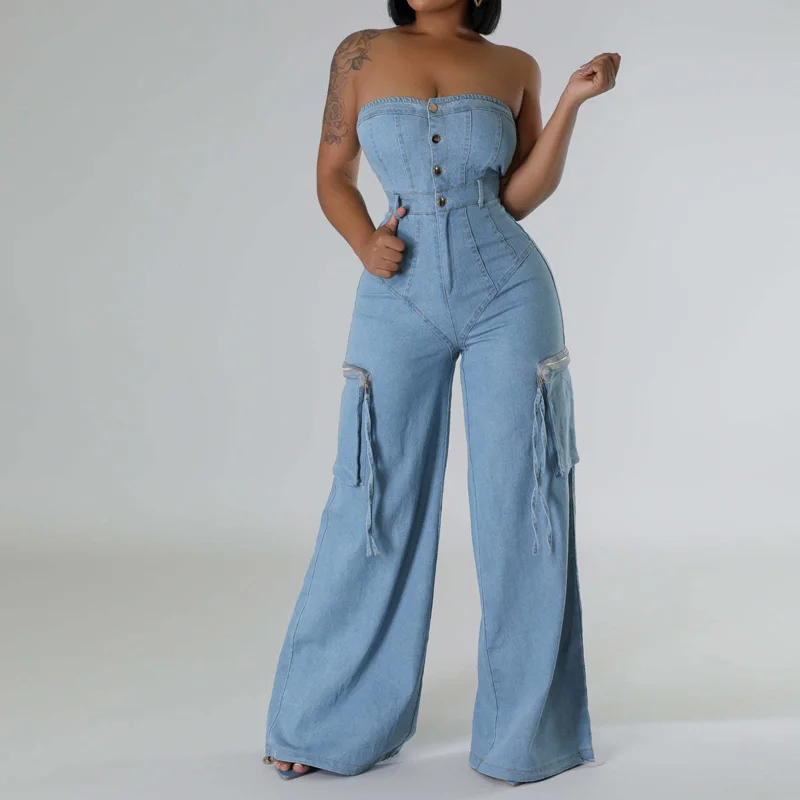 Slergiri-mono de tubo vaquero Cargo frontal con botones para mujer, ropa de calle sexi para discoteca, monos de pierna ancha de cintura alta con bolsillos grandes