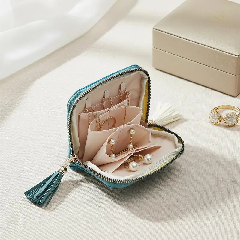 Soft Velvet Jewelry Pouch Tassel Zipper Multiple Inner Compartments Travel Daily Display Organizer For Rings Earrings Necklaces