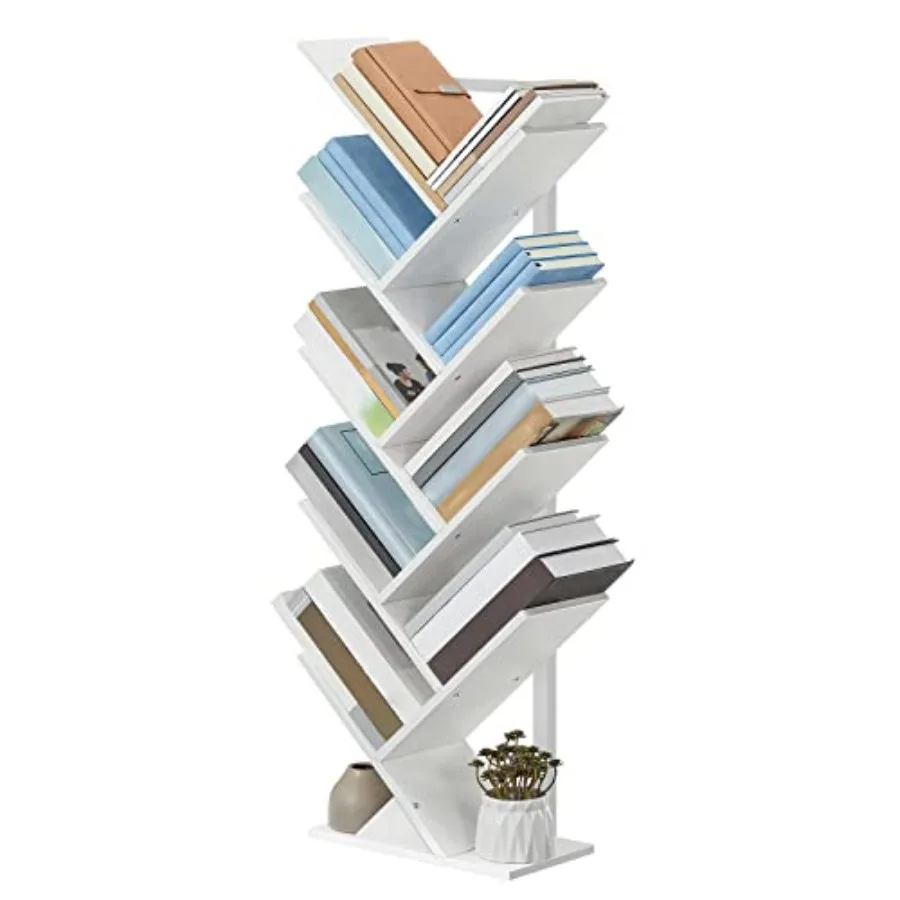 

Tree Bookshelf 9-Tier Bookcase Wooden Shelves Floor Standing Storage Rack for Display of CDs Books in Living Room Home Office W