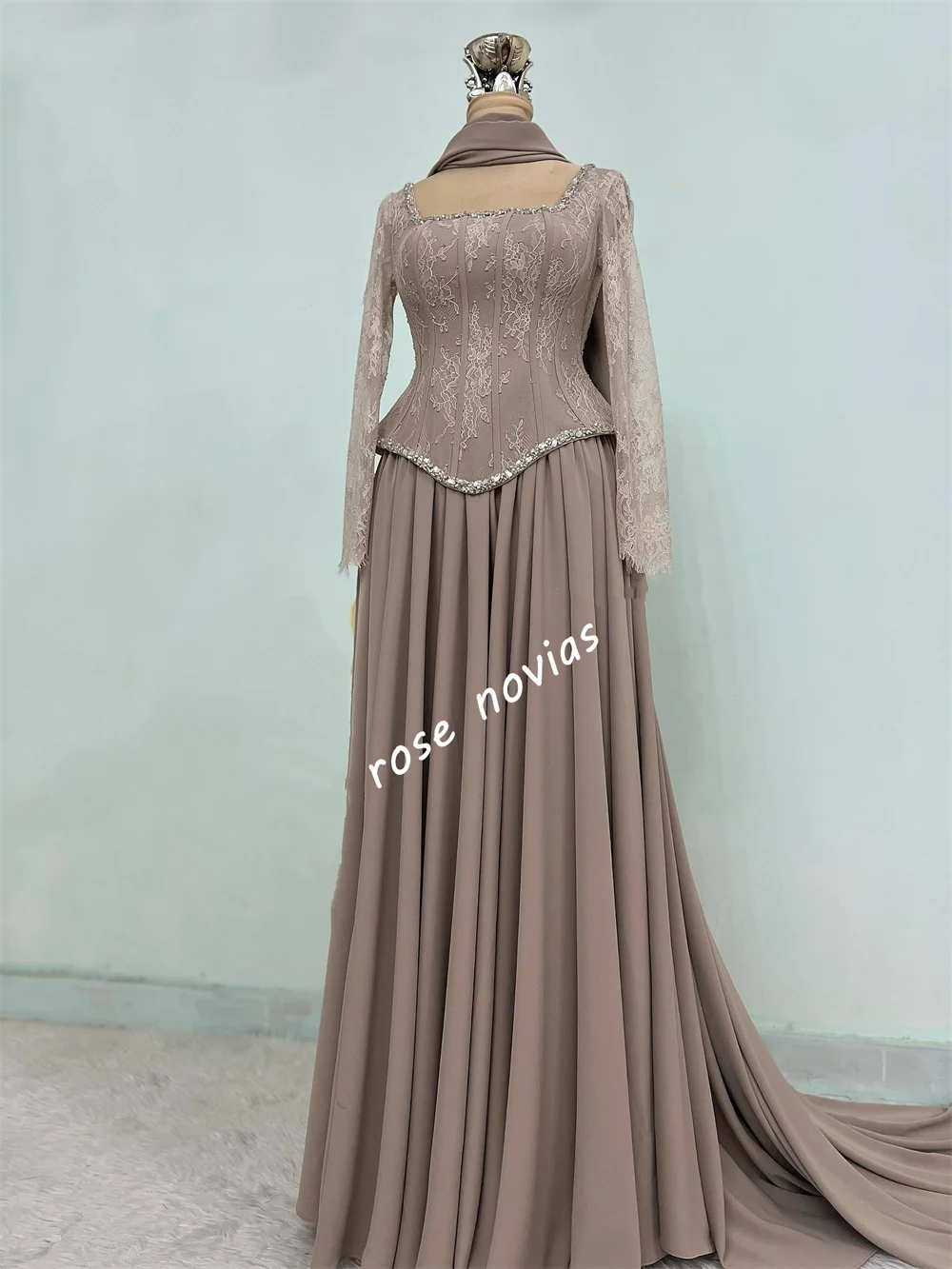 Customized Rhinestone Pleat Lace Square Neck A-line Long Dresses Bespoke Occasion Women's Evening Dress Elegant Party Wedding image 3