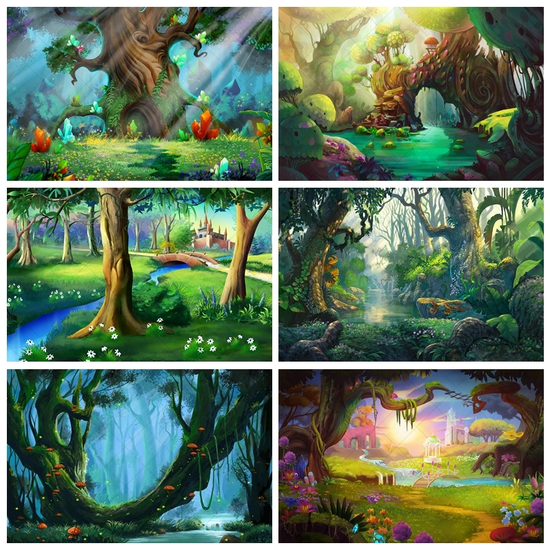 

Fairy Tale Wandland Enchanted Backdrop Baby Shower Birthday Party Background Dreamland Plant Trees Photography for Photo Studio