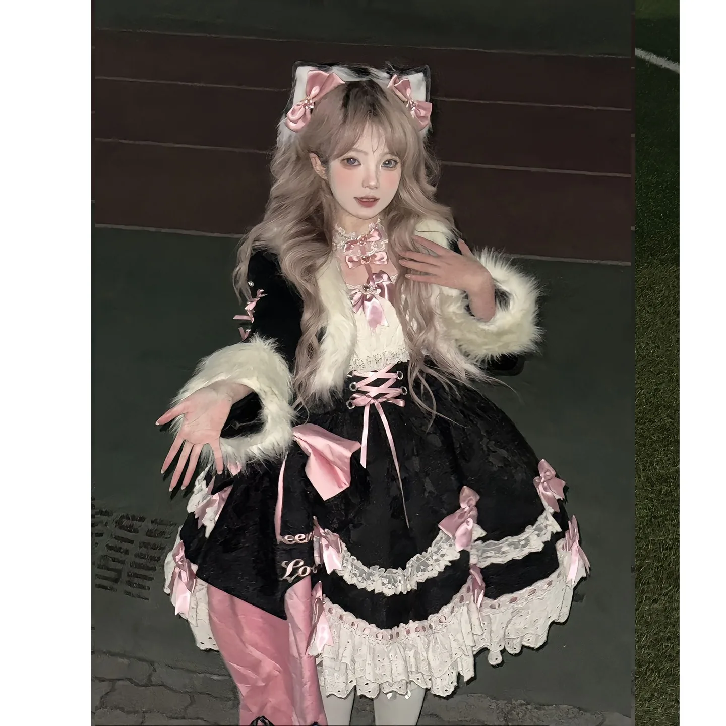 Black Lolita Winter Warm Dress Set for Girls with Furry Jacket Cake Bow Tie Cute Sweetie Slip Dress Black And Pink