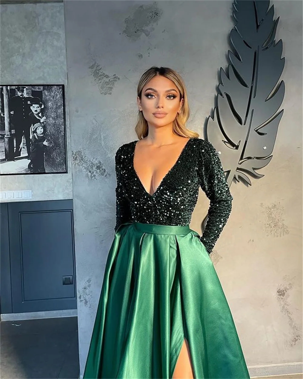 Amanda Glitter Heart Shaped Neck Satin Prom Dress Side Split  فساتين مناسبة حسب الطلب  A-line Floor-length vestidos de festa